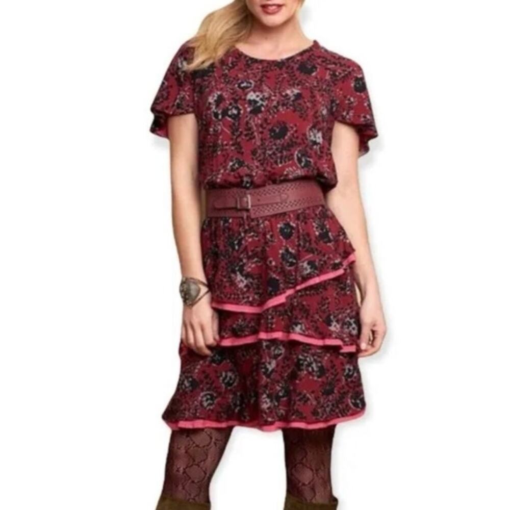 Matilda Jane Helena Burgundy & Black Dress Medium Ruffle Hem Indie Prairie Folk